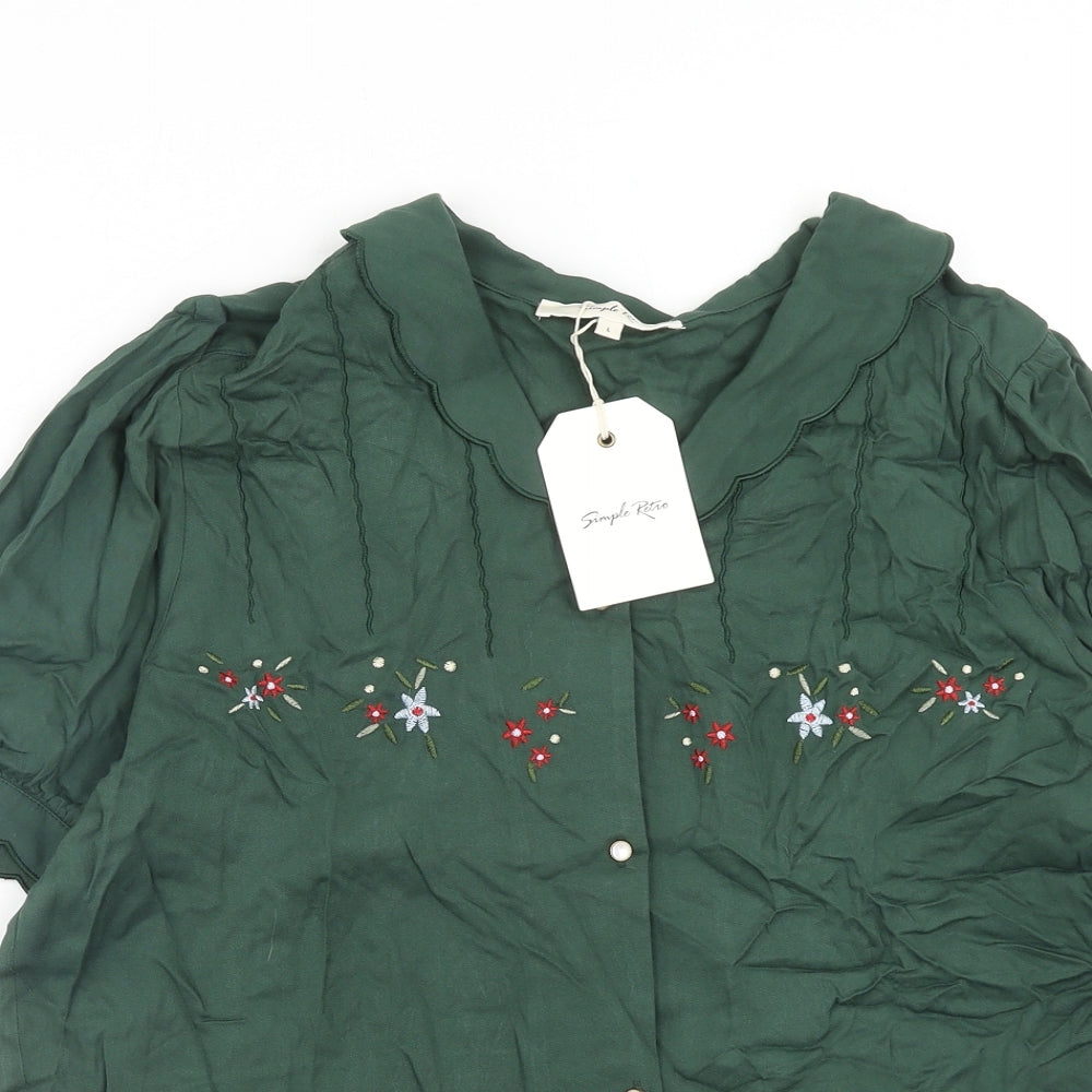 Simple Retro Womens Green Viscose Basic Button-Up Size L Collared