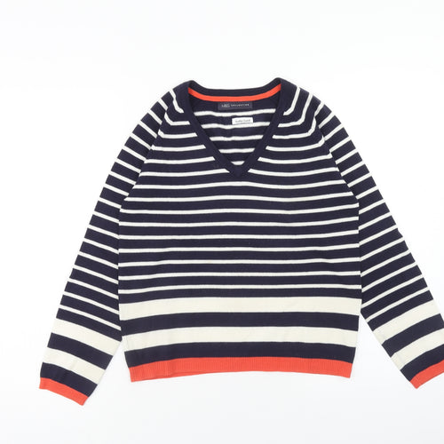 Marks and Spencer Womens Blue V-Neck Striped Acrylic Pullover Jumper Size 8