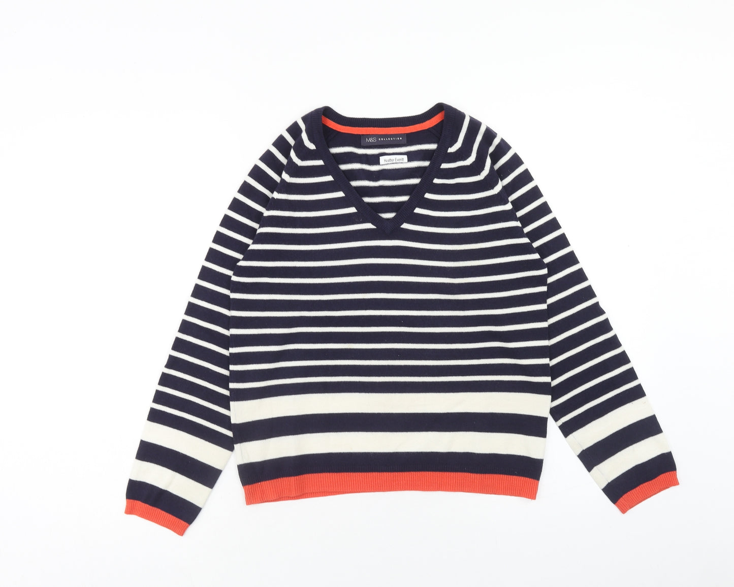 Marks and Spencer Womens Blue V-Neck Striped Acrylic Pullover Jumper Size 8