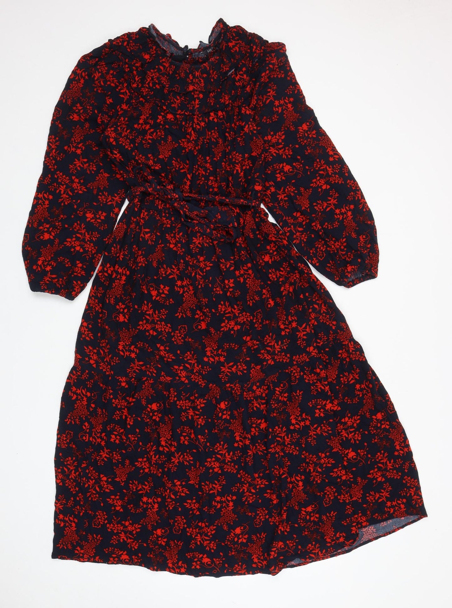 Marks and Spencer Womens Blue Floral Viscose Trapeze & Swing Size 10 Roll Neck Button