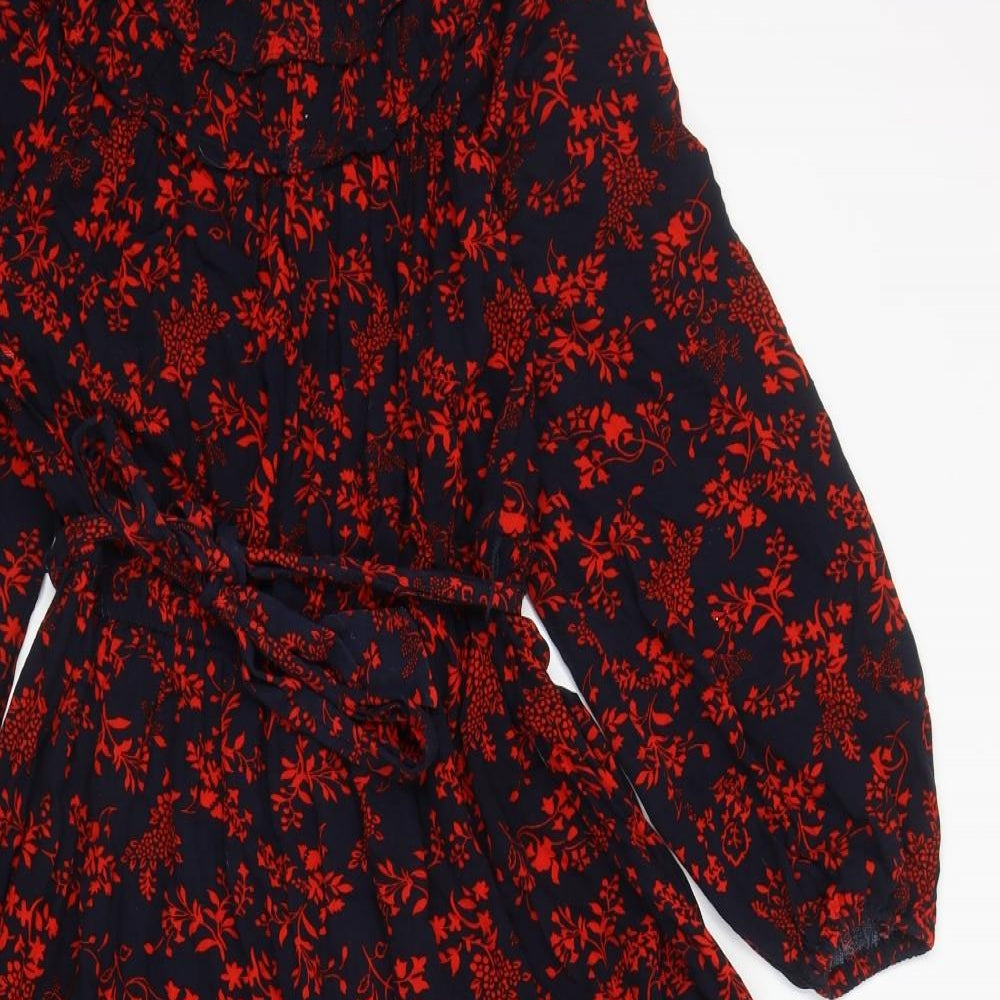 Marks and Spencer Womens Blue Floral Viscose Trapeze & Swing Size 10 Roll Neck Button