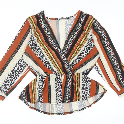 Boohoo Womens Multicoloured Geometric Polyester Basic Blouse Size 10 V-Neck