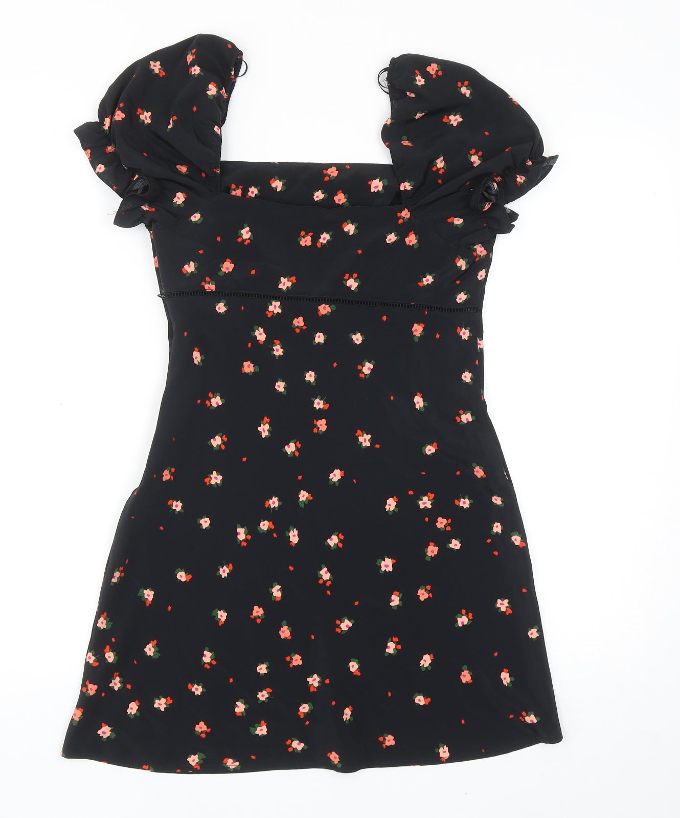 Topshop Womens Black Floral Polyester A-Line Size 6 Square Neck Zip