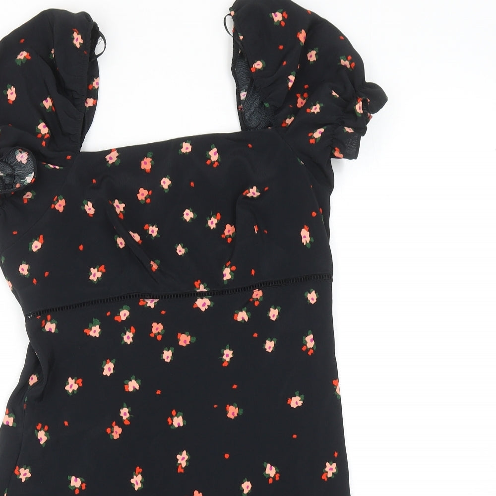 Topshop Womens Black Floral Polyester A-Line Size 6 Square Neck Zip
