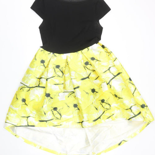 Lucy Wang Womens Yellow Geometric Polyester Skater Dress Size L Round Neck Zip