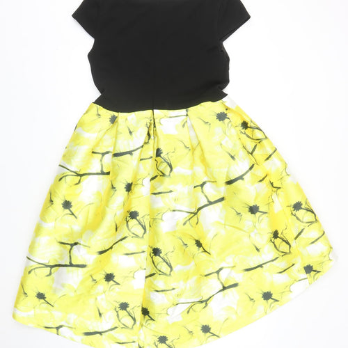 Lucy Wang Womens Yellow Geometric Polyester Skater Dress Size L Round Neck Zip