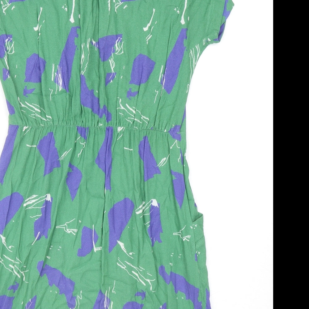 White Stuff Womens Green Geometric Viscose A-Line Size 10 Round Neck Button