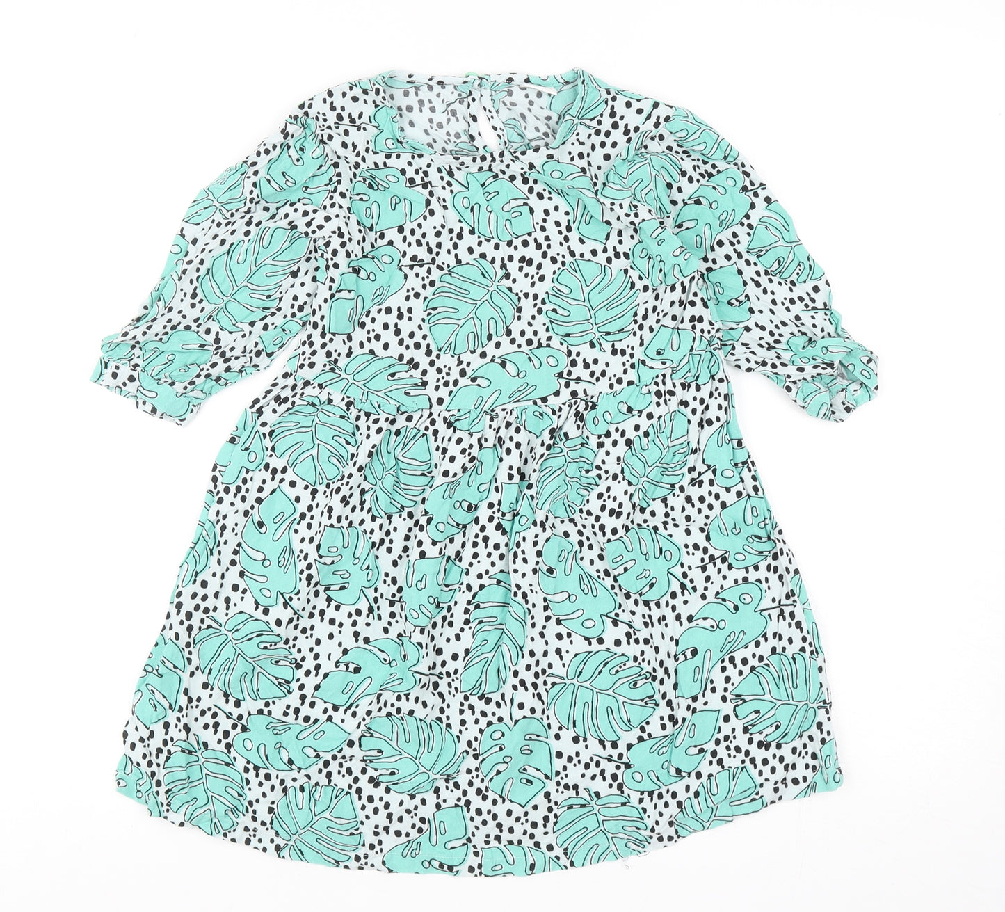 NEXT Girls Green Geometric Viscose Fit & Flare Size 8 Years Round Neck Button