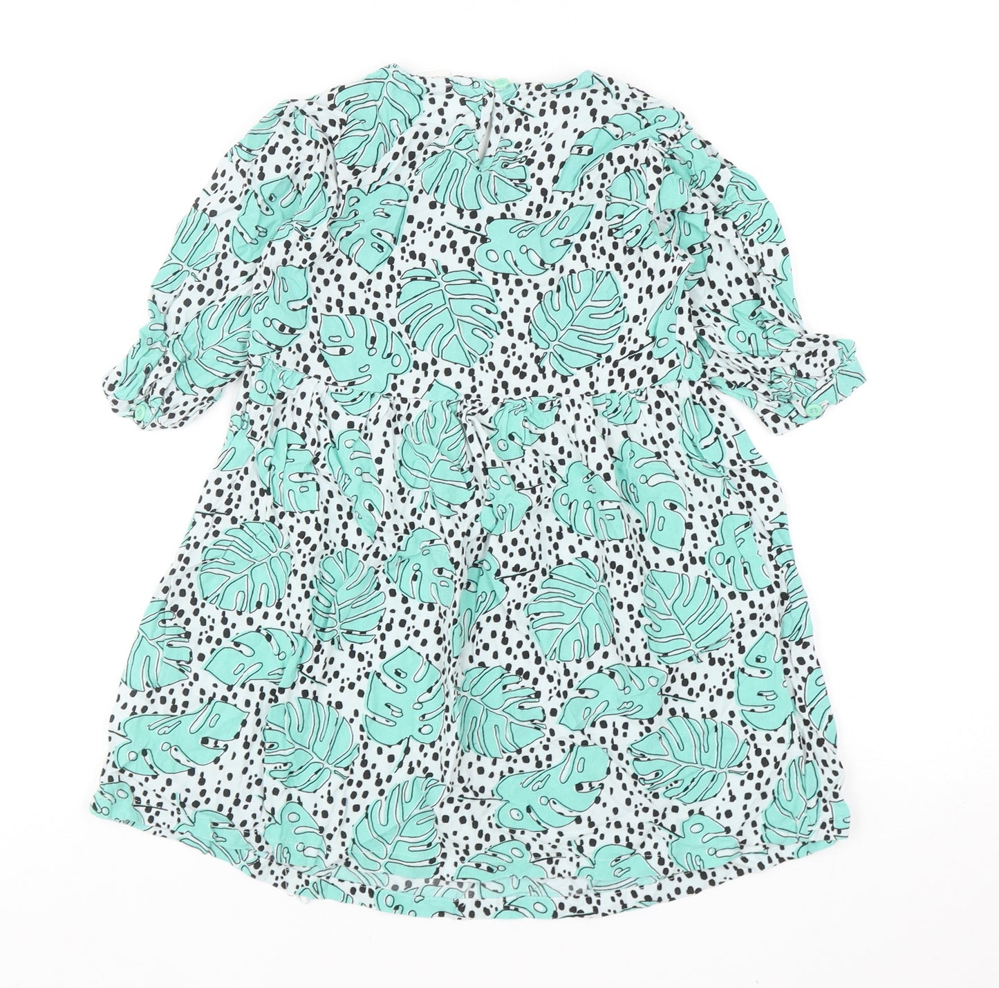 NEXT Girls Green Geometric Viscose Fit & Flare Size 8 Years Round Neck Button