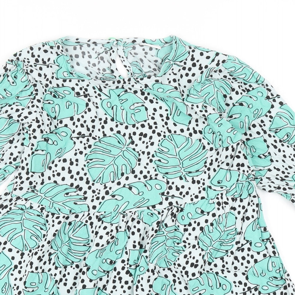 NEXT Girls Green Geometric Viscose Fit & Flare Size 8 Years Round Neck Button