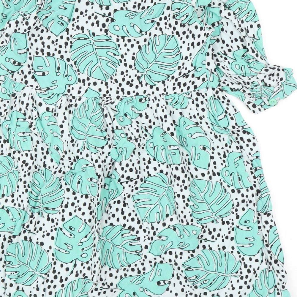 NEXT Girls Green Geometric Viscose Fit & Flare Size 8 Years Round Neck Button
