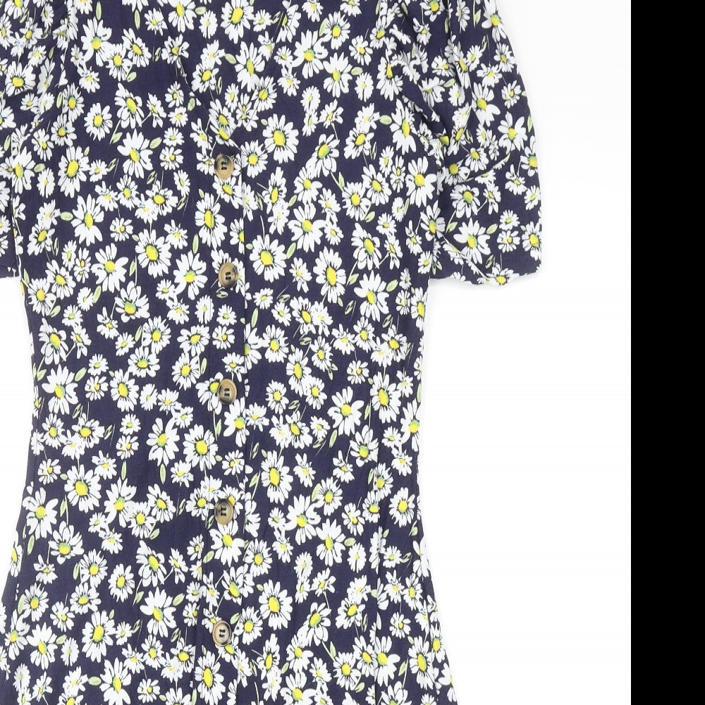 F&F Womens Blue Floral Viscose A-Line Size 6 V-Neck Pullover - Daisy