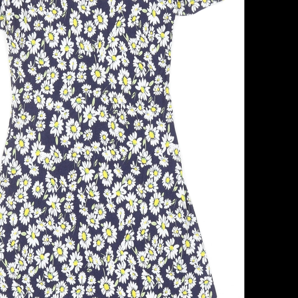 F&F Womens Blue Floral Viscose A-Line Size 6 V-Neck Pullover - Daisy
