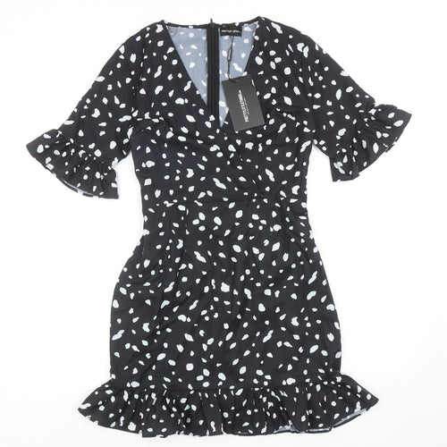 PRETTYLITTLETHING Womens Black Geometric Polyester A-Line Size 10 V-Neck Lace Up