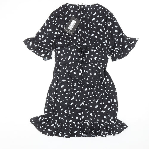PRETTYLITTLETHING Womens Black Geometric Polyester A-Line Size 10 V-Neck Lace Up