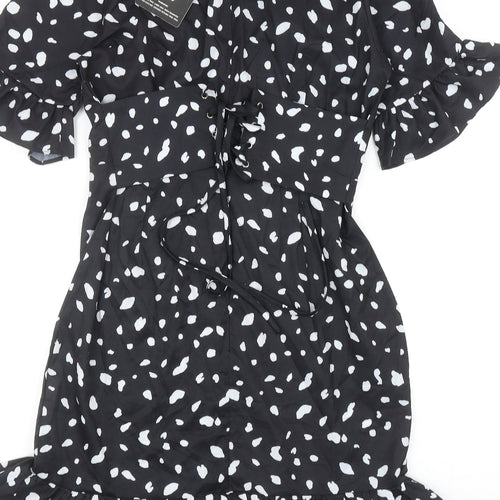 PRETTYLITTLETHING Womens Black Geometric Polyester A-Line Size 10 V-Neck Lace Up