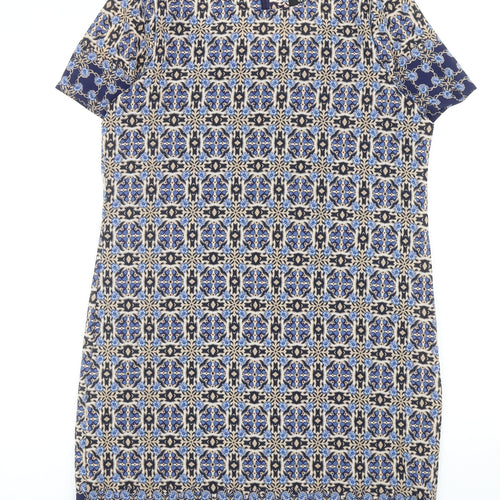 New Look Womens Blue Geometric Polyester A-Line Size 12 Round Neck Zip
