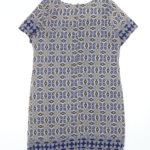 New Look Womens Blue Geometric Polyester A-Line Size 12 Round Neck Zip