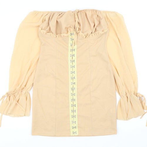 PRETTYLITTLETHING Womens Beige Polyester Bodycon Size 10 Off the Shoulder Hook & Eye
