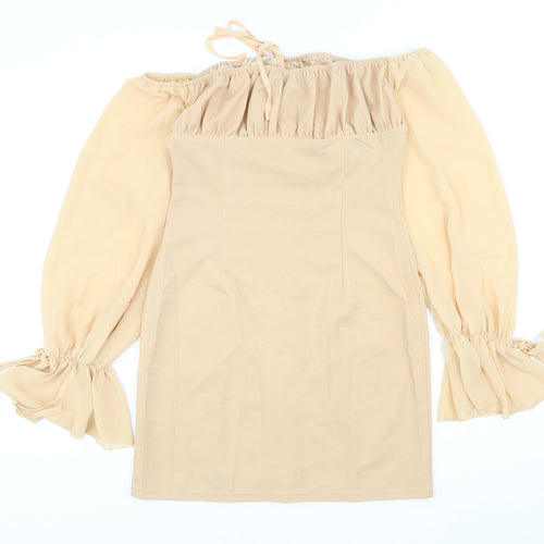 PRETTYLITTLETHING Womens Beige Polyester Bodycon Size 10 Off the Shoulder Hook & Eye
