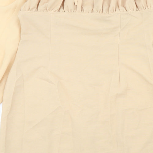 PRETTYLITTLETHING Womens Beige Polyester Bodycon Size 10 Off the Shoulder Hook & Eye