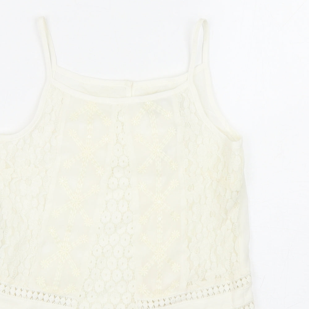 Marks and Spencer Girls Ivory Polyester Basic Blouse Size 9-10 Years Scoop Neck Button