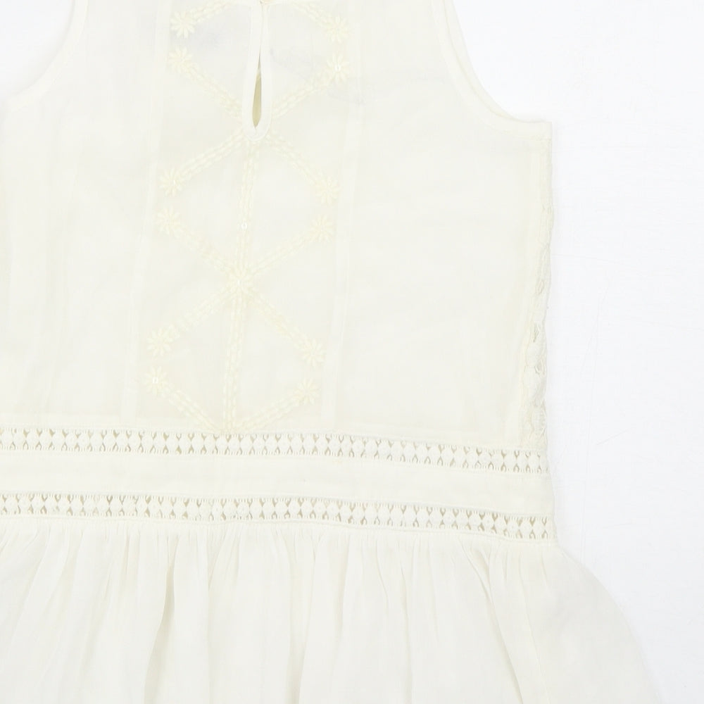 Marks and Spencer Girls Ivory Polyester Basic Blouse Size 9-10 Years Scoop Neck Button