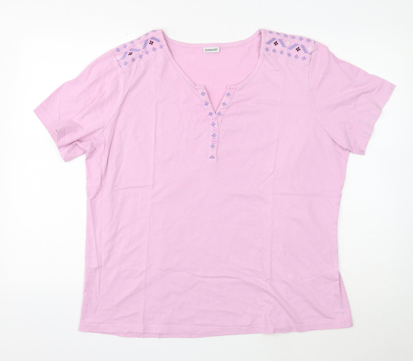 Damart Womens Purple Geometric Cotton Basic T-Shirt Size XL V-Neck