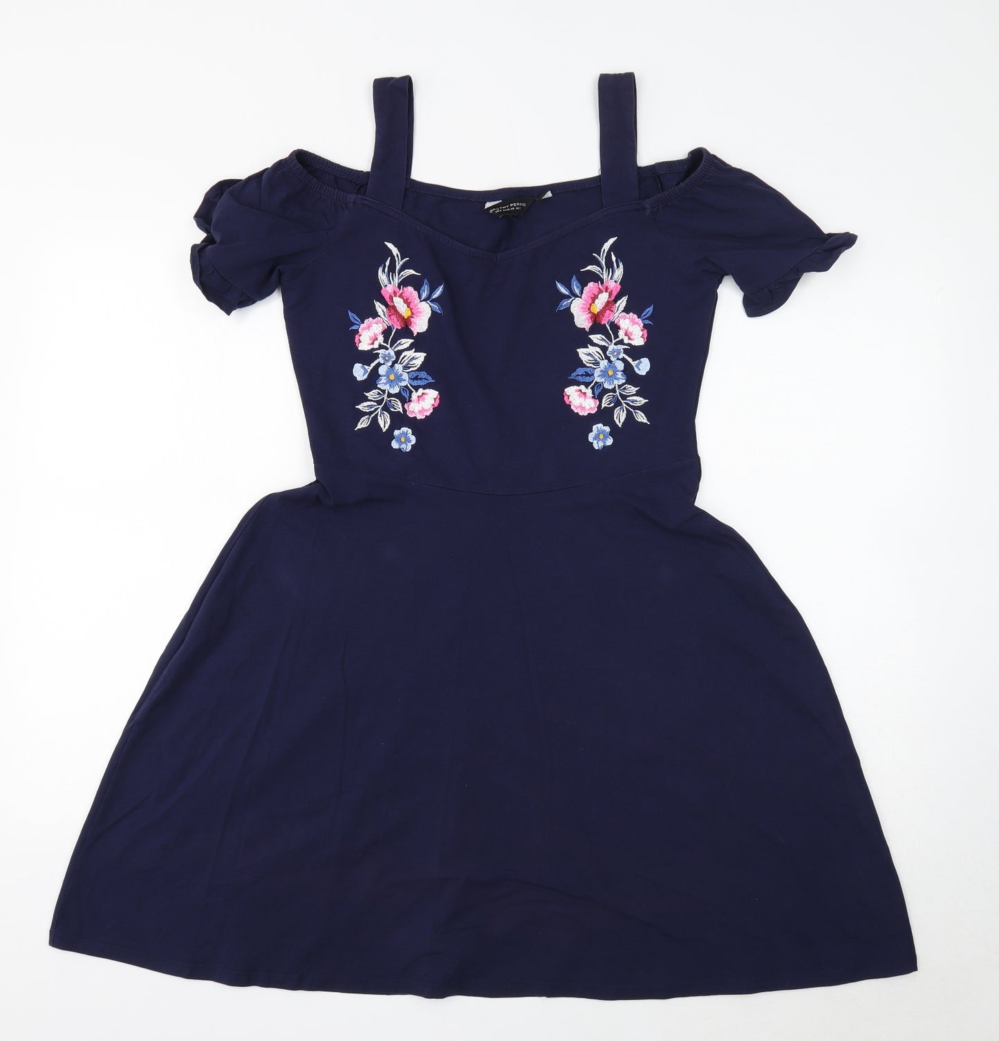 Dorothy Perkins Womens Blue Floral Cotton Fit & Flare Size 12 Off the Shoulder Pullover