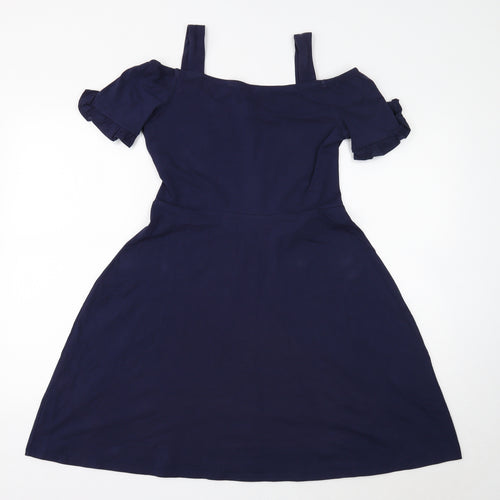 Dorothy Perkins Womens Blue Floral Cotton Fit & Flare Size 12 Off the Shoulder Pullover