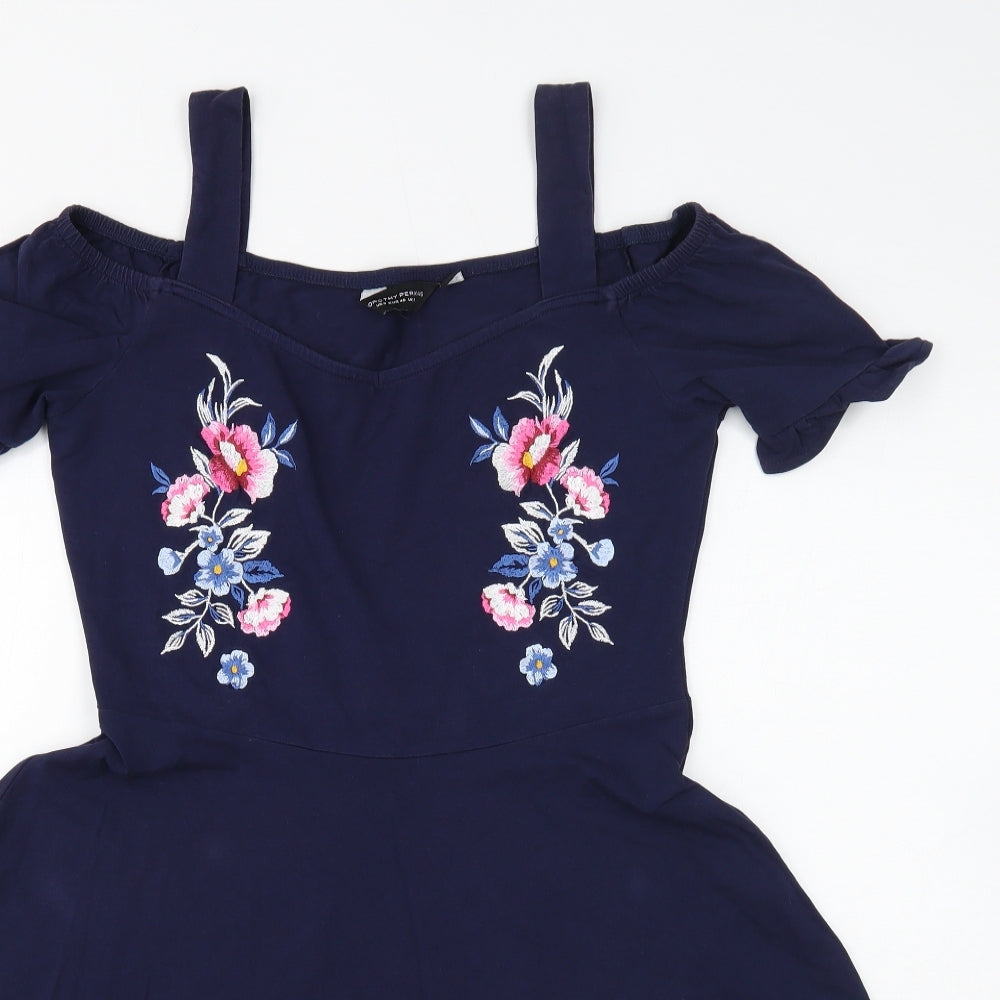 Dorothy Perkins Womens Blue Floral Cotton Fit & Flare Size 12 Off the Shoulder Pullover