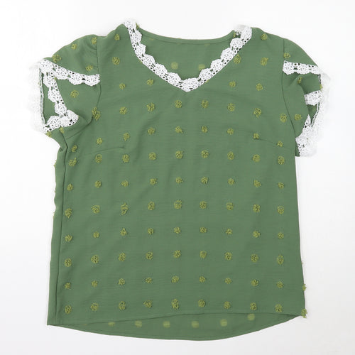 Grefit Womens Green Geometric Polyester Basic Blouse Size L V-Neck