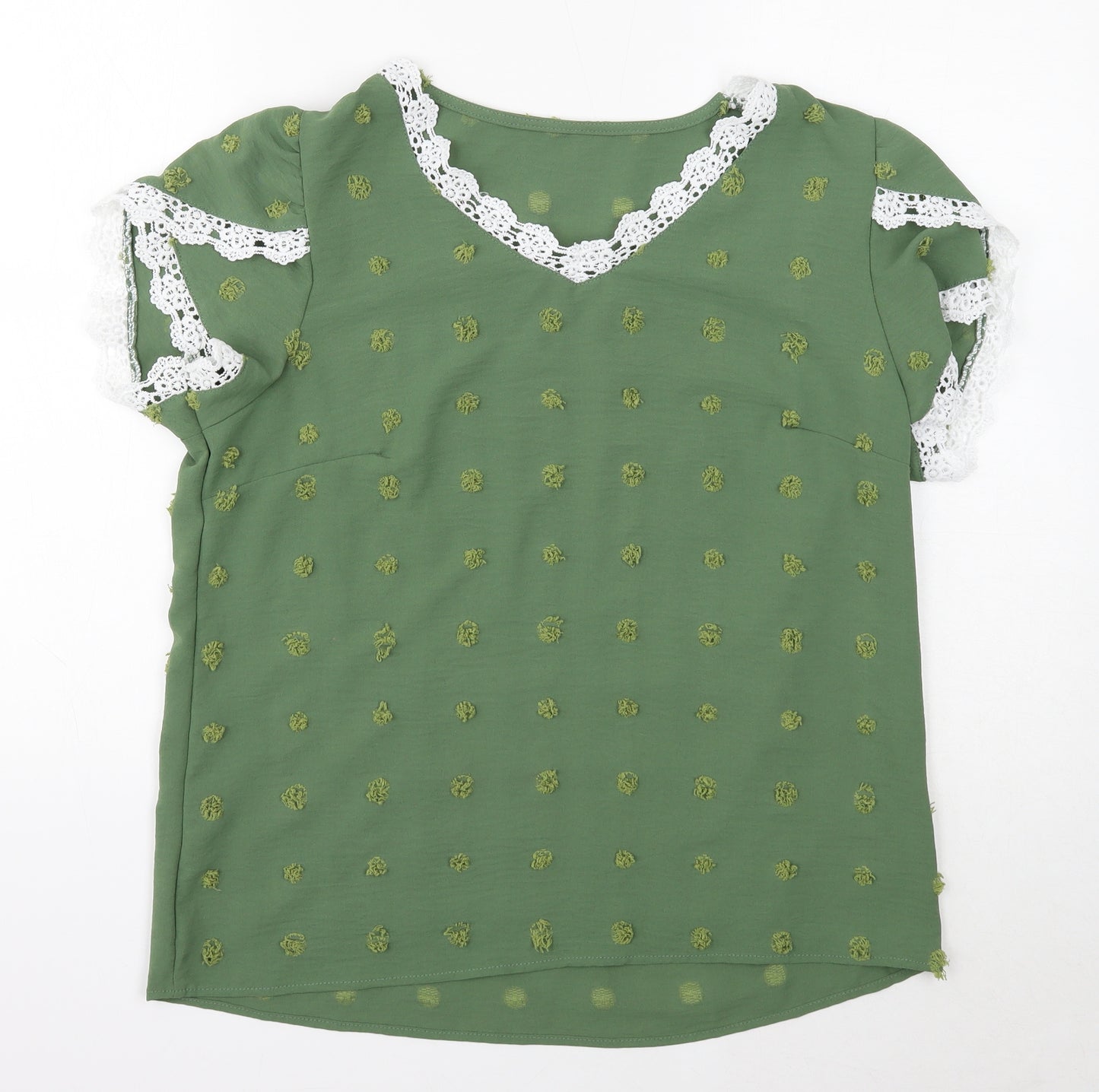 Grefit Womens Green Geometric Polyester Basic Blouse Size L V-Neck