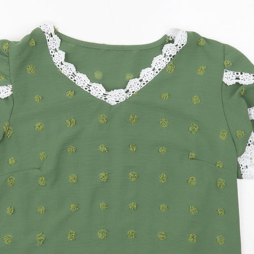 Grefit Womens Green Geometric Polyester Basic Blouse Size L V-Neck