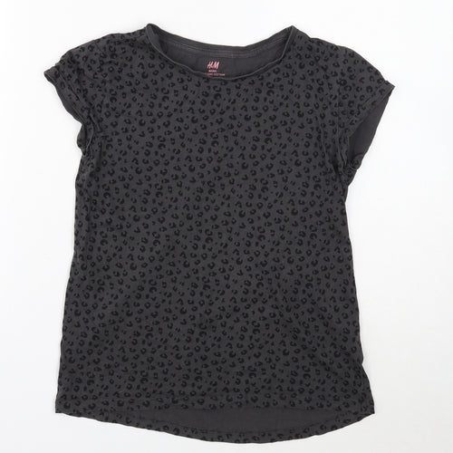 H&M Girls Grey Animal Print Cotton Basic T-Shirt Size 10 Years Round Neck Pullover - Leopard print