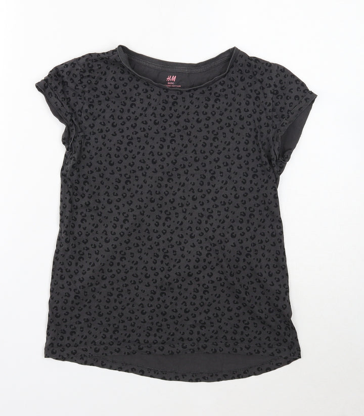 H&M Girls Grey Animal Print Cotton Basic T-Shirt Size 10 Years Round Neck Pullover - Leopard print