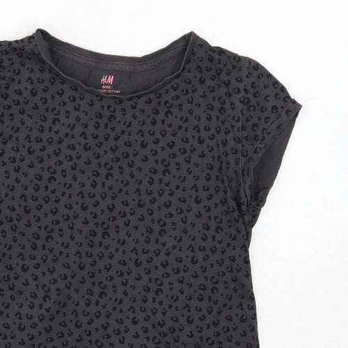 H&M Girls Grey Animal Print Cotton Basic T-Shirt Size 10 Years Round Neck Pullover - Leopard print