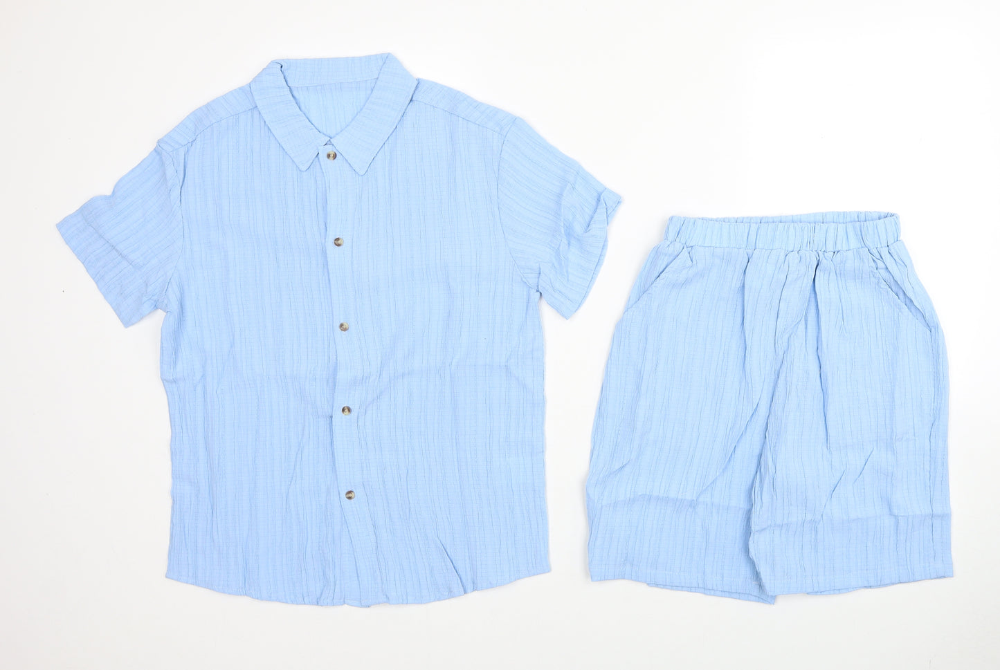SheIn Boys Blue Polyester Basic Button-Up Size 11-12 Years Collared Button - Shirt & Short Co-ord