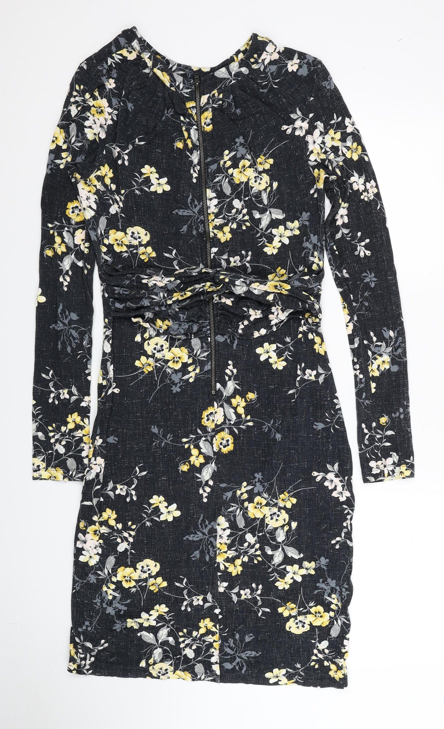 Warehouse Womens Black Floral Viscose Pencil Dress Size 14 Round Neck Pullover