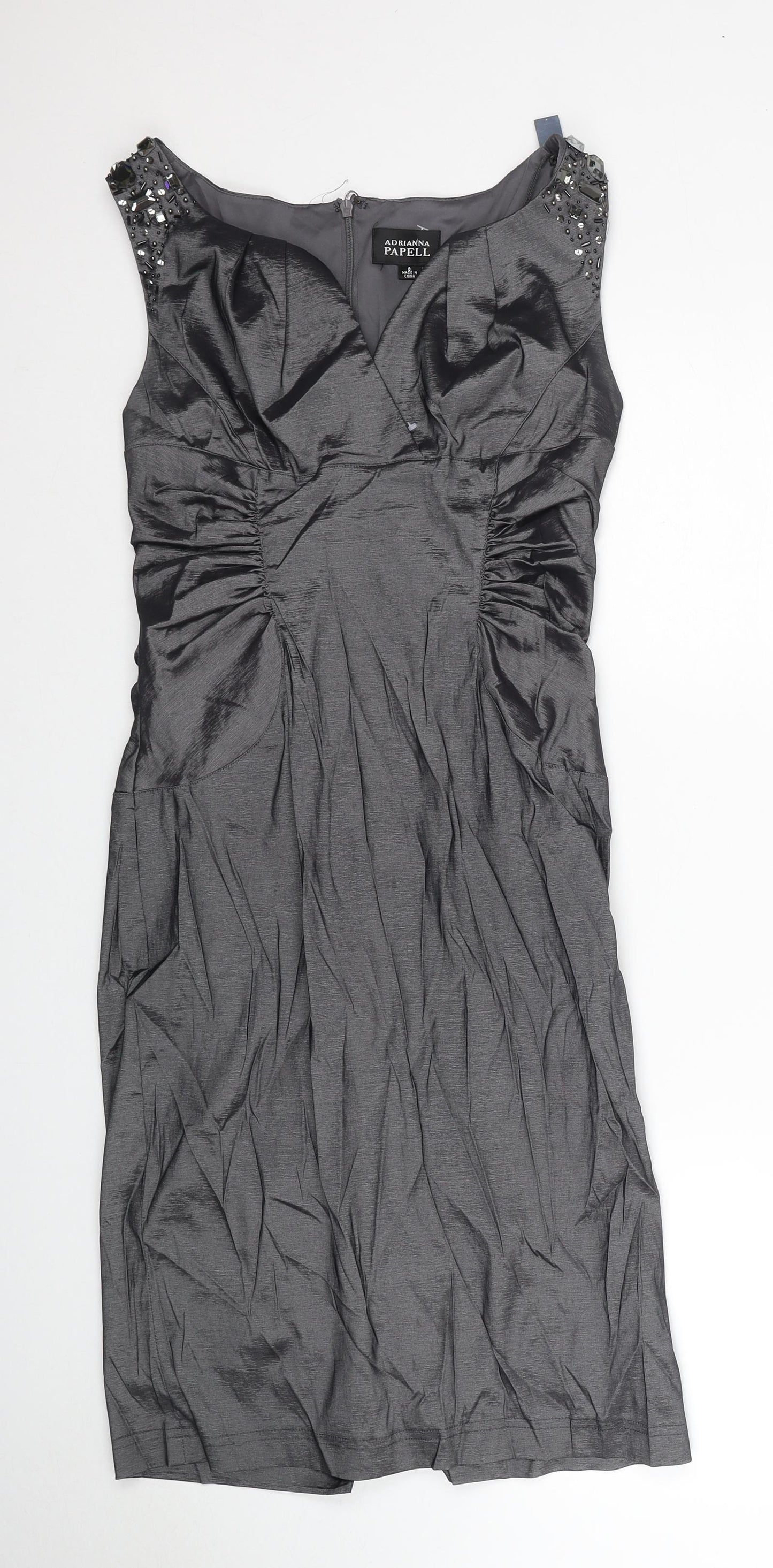 Adrianna Papell Womens Grey Polyester Pencil Dress Size 8 V-Neck Zip