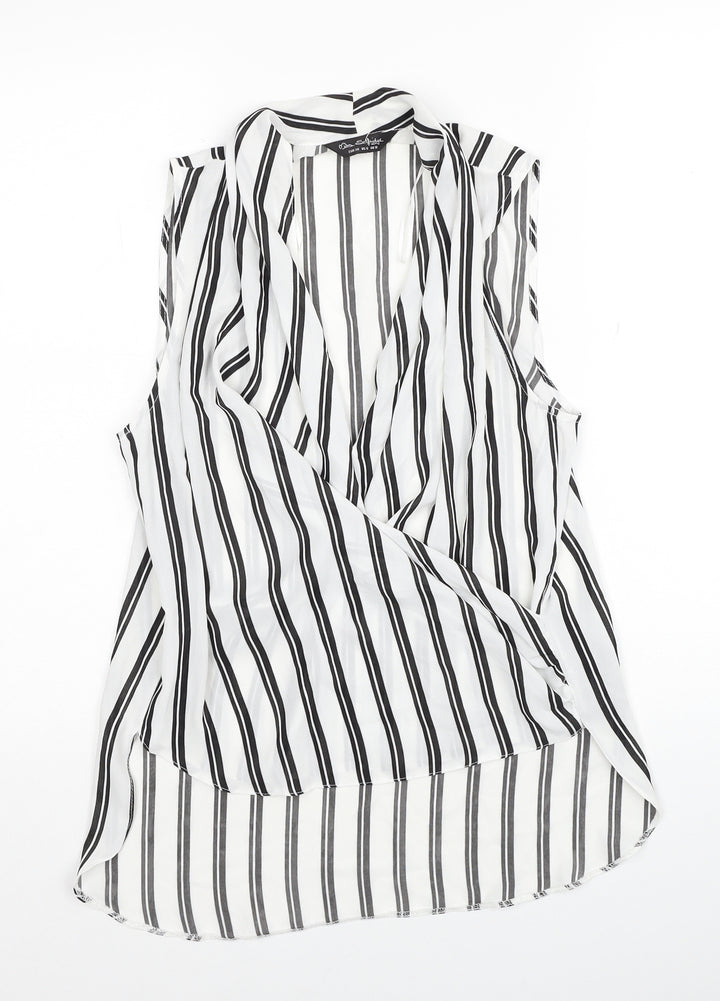 Miss Selfridge Womens White Striped Polyester Basic Blouse Size 10 V-Neck