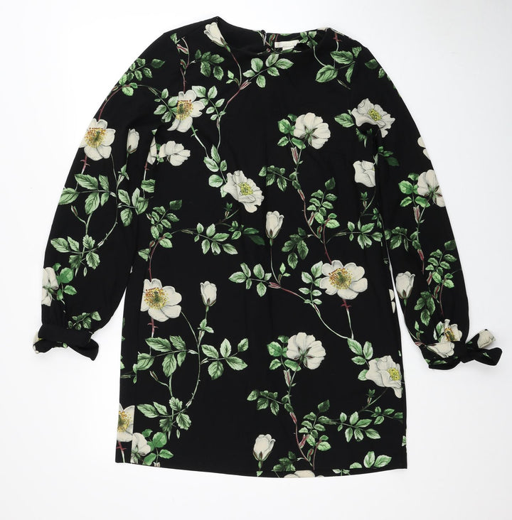 H&M Womens Black Floral Polyester Shift Size 8 Scoop Neck Pullover - Tie Sleeve Detail