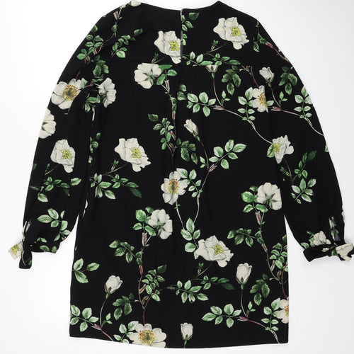 H&M Womens Black Floral Polyester Shift Size 8 Scoop Neck Pullover - Tie Sleeve Detail