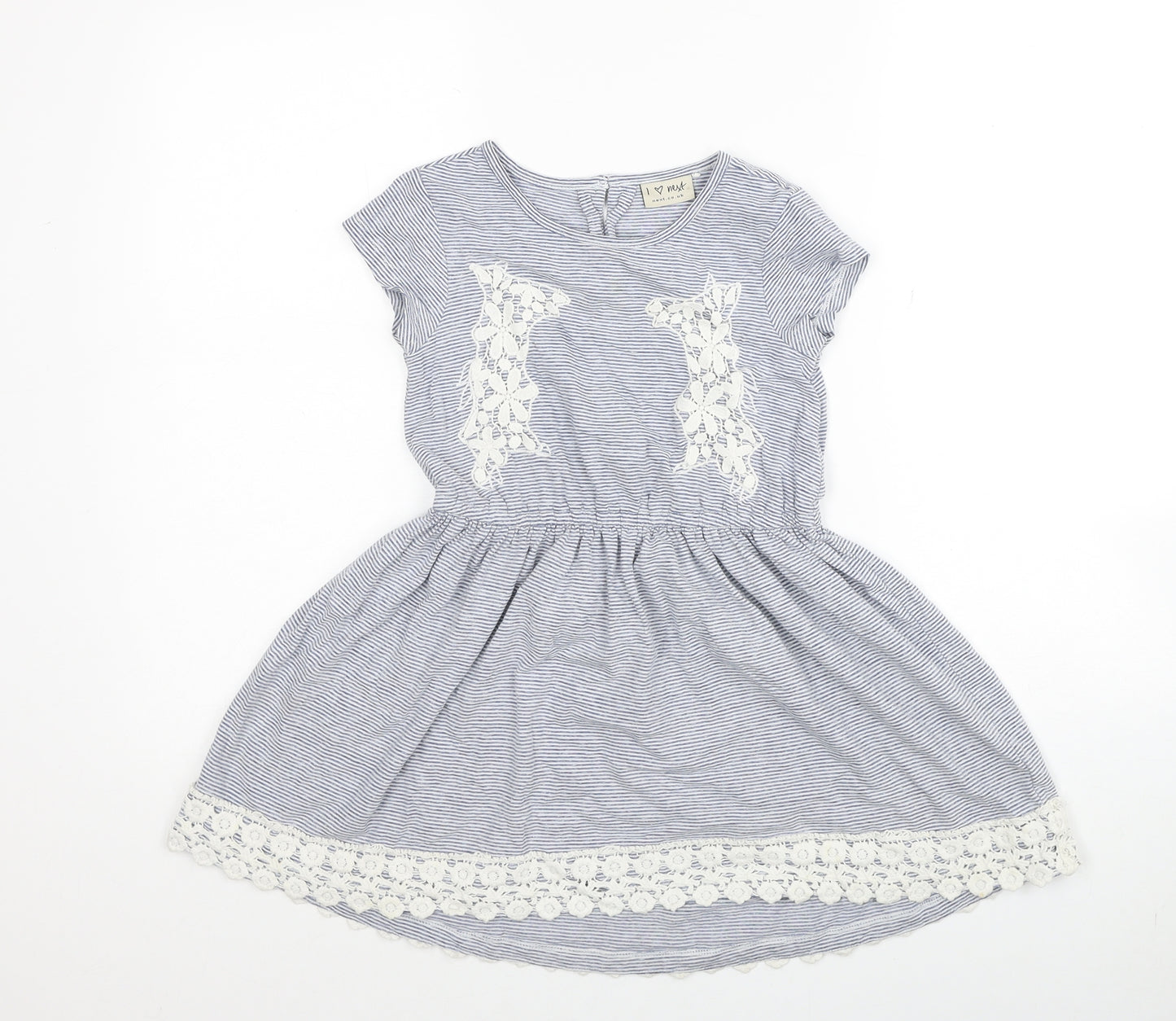 NEXT Girls Blue Striped Cotton Fit & Flare Size 7 Years Scoop Neck Button
