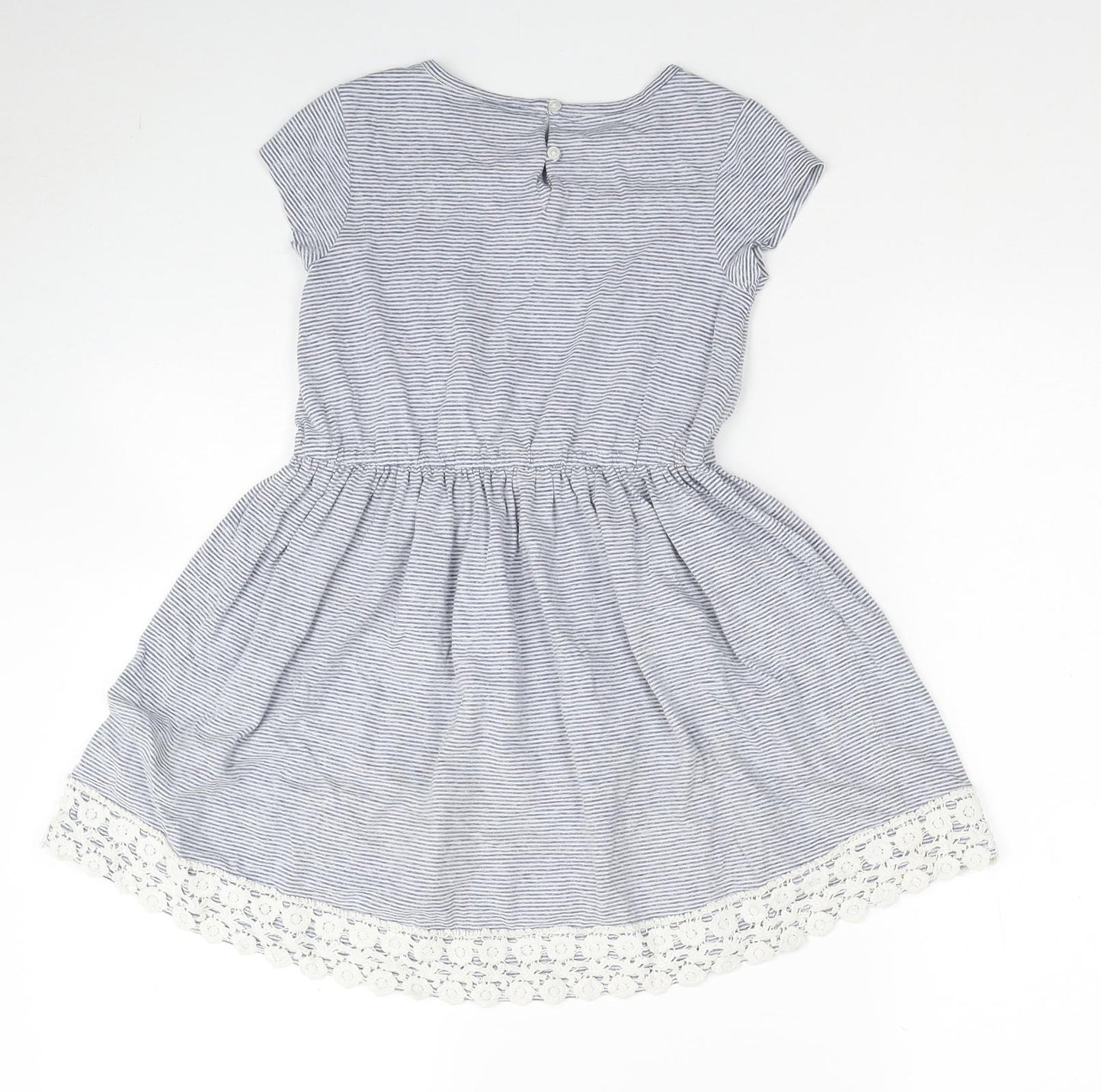 NEXT Girls Blue Striped Cotton Fit & Flare Size 7 Years Scoop Neck Button