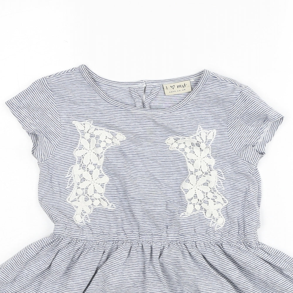 NEXT Girls Blue Striped Cotton Fit & Flare Size 7 Years Scoop Neck Button