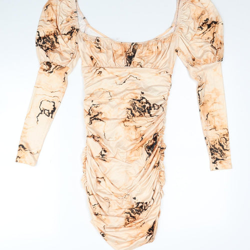 ASOS Womens Beige Tie Dye Polyester Bodycon Size 4 Off the Shoulder Pullover - Balloon Sleeve