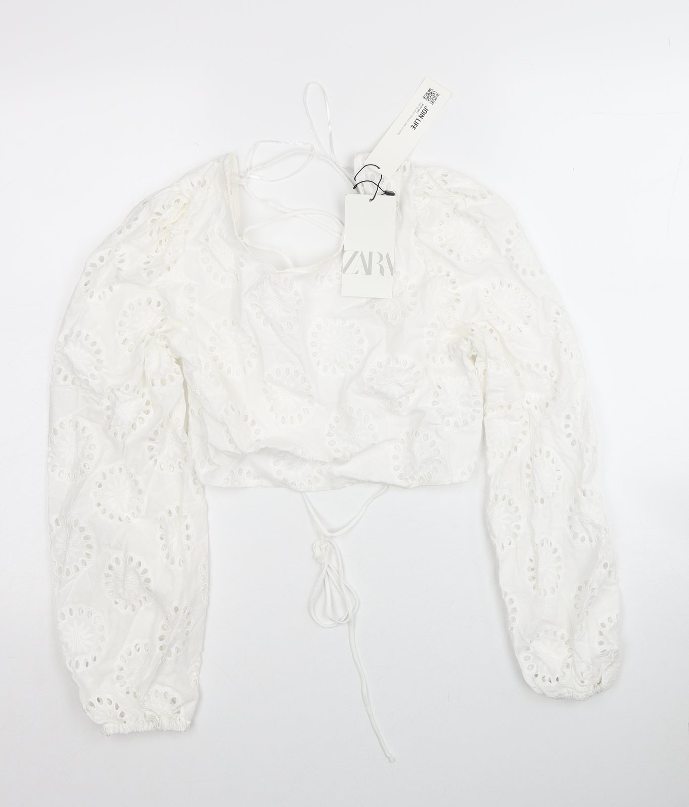Zara Womens White Geometric Cotton Cropped Blouse Size S Square Neck - Broderie Anglaise, Lace Up Back Detail