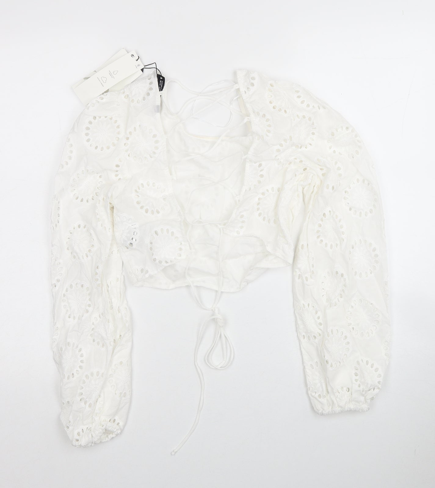 Zara Womens White Geometric Cotton Cropped Blouse Size S Square Neck - Broderie Anglaise, Lace Up Back Detail