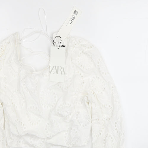 Zara Womens White Geometric Cotton Cropped Blouse Size S Square Neck - Broderie Anglaise, Lace Up Back Detail